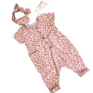 NWT Jessica Simpson baby pink leopard print romper w headband 3-6m